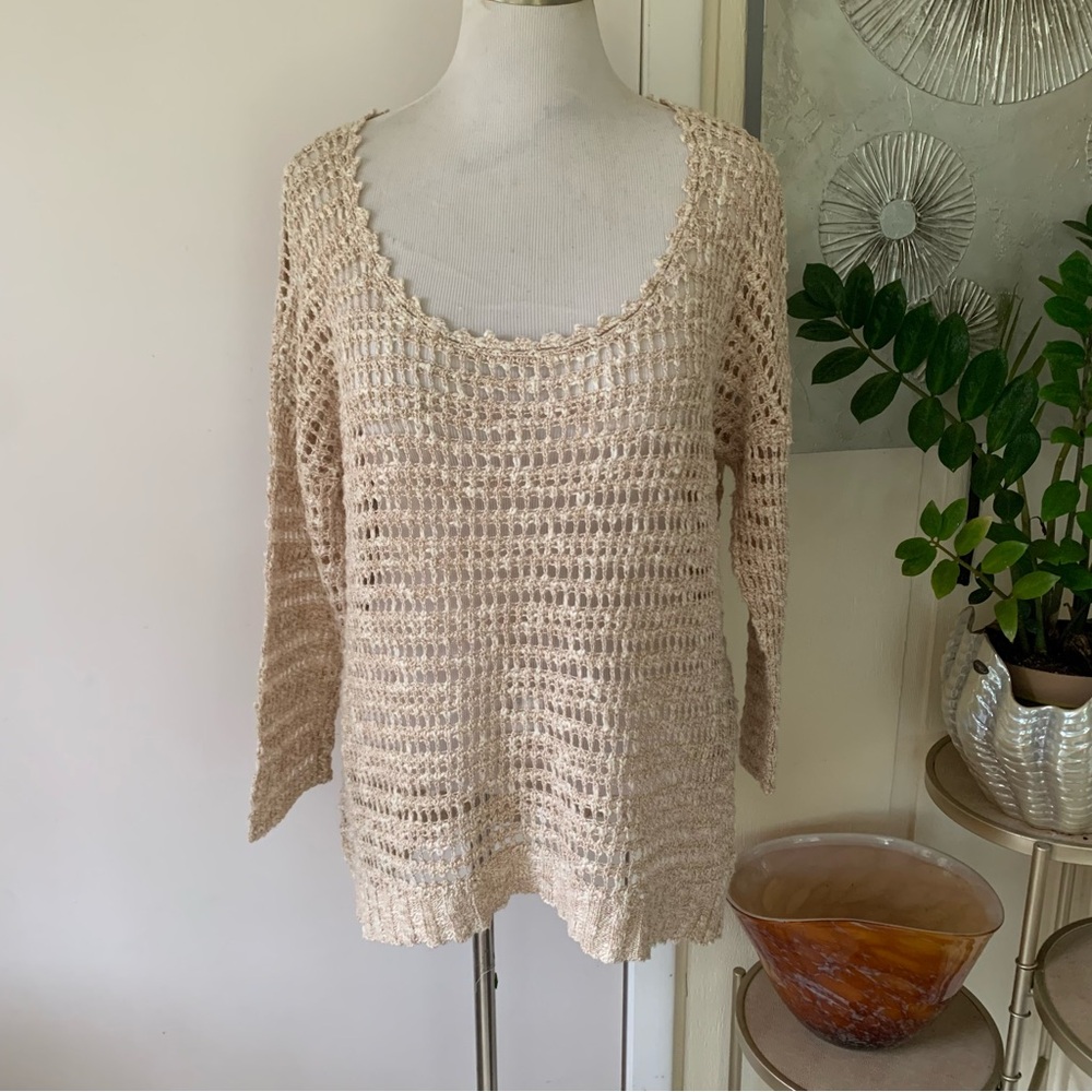 NWT Joie beige cotton blend open crochet style knit sweater size L